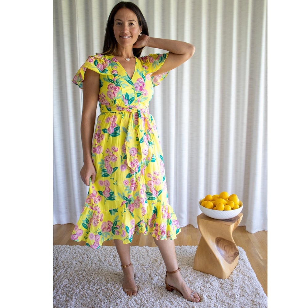 NWOT Banjanan Monica Cotton Yellow Floral Printed Wrap Dress Size XS.